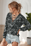 Hollow-out V Neck Camouflage Blouse