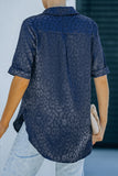 Blue Leopard Jacquard Short Sleeve Satin Blouse