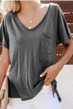 V Neck Short Sleeves Cotton Blend Tee with Front Pocket and Side Slits