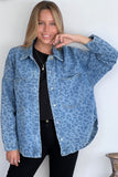 Sky Blue Oversized Leopard Denim Jacket with Pockets