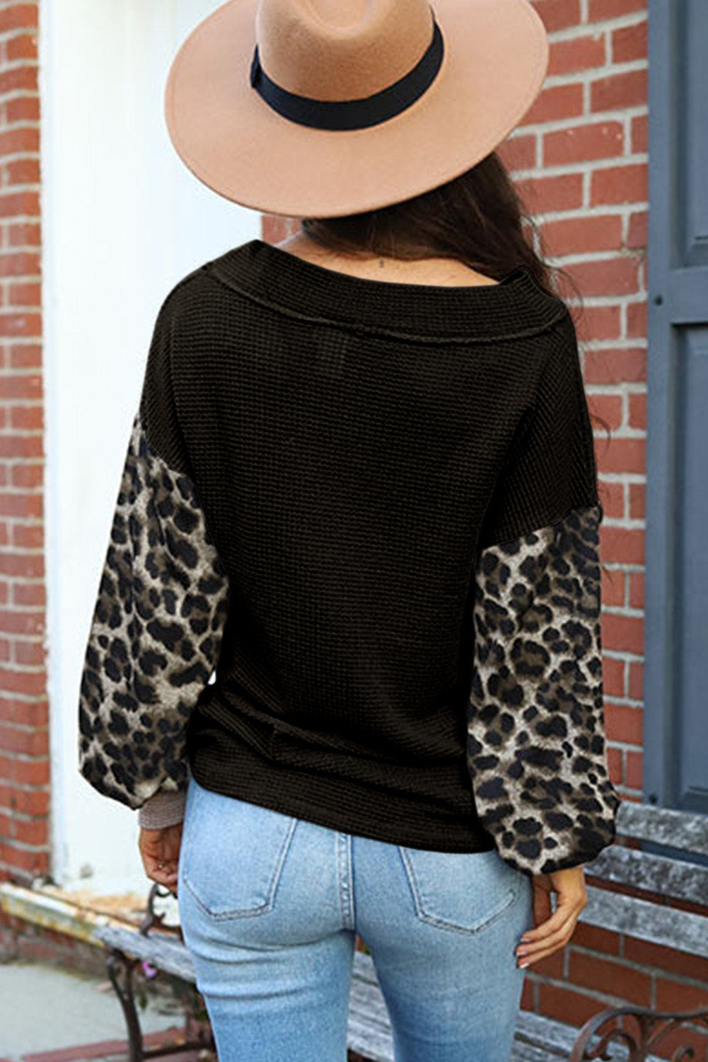Wild Leopard Contrast Sleeve Colorblock Waffle Knit Top
