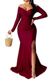 Wine Red Off Shoulder Side Split Bodycon Prom Dress