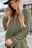 Buttoned V Neck Drop Shoulder Waffle Knit Top