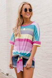 Colorful Striped Short Sleeve Top with Knot