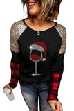 Wine Sequins Plaid Colorblock Round Neck Shift Casual Blouse