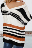 Stripe Color Block Bubblegum V-Neck Braided Knit Sweater