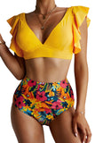 Floral Ruffled Hem High Waist Bikini Set