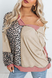 Leopard Colorblock Patchwork Waffle Knit Hoodie