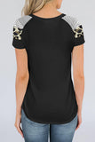 Khaki Striped Leopard Print Short Sleeve Women T-shirt
