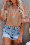 Beige Tassel Drawstring Embroidered Half Sleeve V Neck Top