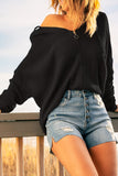 Zipper V-neck Dropped Sleeve Hooded Solid Sweater