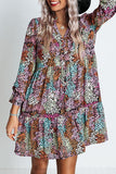 color Floral Print High Waist V Neck Shirt Dress