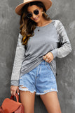 Gray Round Neck Raglan Sleeve Camo Striped Patchwork Top