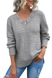 Beige Lace Scalloped V-Neck Side Split Loose Sweater