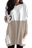 Khaki Colorblock Casual Long Sleeve Tunic with Pockets