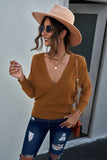 Sexy V Neck Surplice Hollow-out Sweater with Lace Sleeves