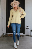Beige Lace Scalloped V-Neck Side Split Loose Sweater