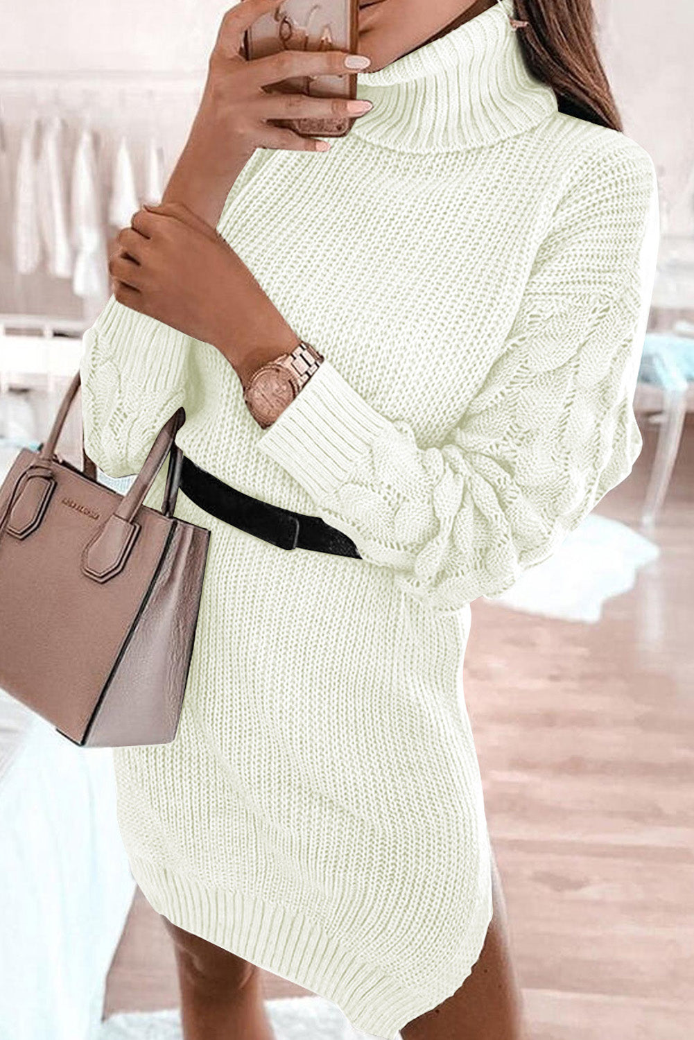 Plain Turtleneck Sweater Dress with Slits