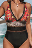 Floral Splicing Leopard Print Color Block Mesh One Piece Swimsuit