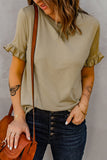 Khaki Solid Ruffled Short Sleeve T-shirt