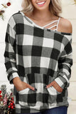 Plaid Kangaroo Pocket Long Sleeve Blouse