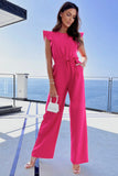 Rose Flutter Sleeves Belted Wide Leg Jumpsuit