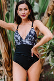 Black Tie-dye Colorblock Crisscross Back One-piece Swimsuit