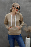 Kangaroo Pocket Button Lace Drawstring Hooded Pullover Sweater
