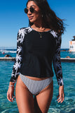 Leaf Stripe Print Round Neck Long Sleeve Surfing Swimsuit