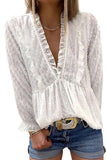Swiss Dot Long Deep V Neck Pleated Sleeve Top