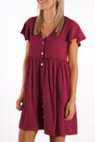 Wine V Neck Buttoned Empire Waist Babydoll Mini Dress