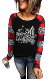 Merry Christmas Plaid Leopard Patchwork Long Sleeve Top