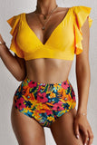Floral Ruffled Hem High Waist Bikini Set