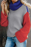 Khaki Long Sleeve Turtleneck Color Block Pullover Knit Sweater