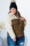 Plus Size Leopard Colorblock Zipped Sherpa Pullover