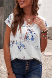 White Floral Scalloped V Neck Short Sleeves Top
