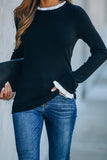 Black Solid Ruffled Crew Neck Knit Sweater