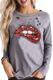 Distressed Leopard Lips Print Long Sleeve Top