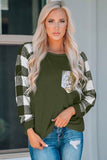 Plaid Splicing Sequined Pocket Long Sleeve Top