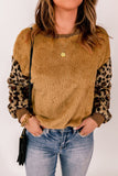 Brown Leopard Sleeve Patchwork Fleece Pullover Sweatshirt