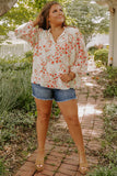 Split V Neck Floral Plus Size Blouse with Ruffles