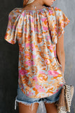 color Split V Neck Flutter Sleeve Flower Blouse