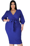 Plus Size Puff Sleeve Wrap V Neck Midi Dress