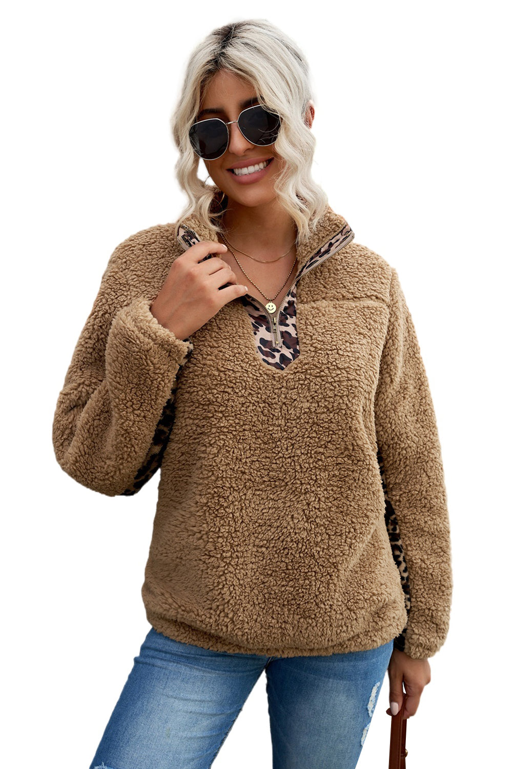 Khaki Turn-down Collar Leopard Splicing Sherpa Sweatshirt