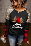 Christmas Graphic Print Sequin Plaid Splicing Sweatshirt