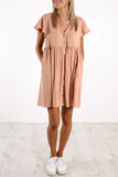 Wine V Neck Buttoned Empire Waist Babydoll Mini Dress