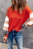 V Neck Leopard Stripe Splice Lantern Sleeve Top