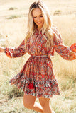 Western Pattern Print Lantern Sleeve Drawstring Mini Dress