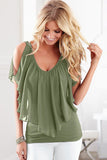 Amry Green Shawl Short Sleeves Chiffon Patchwork Blouse