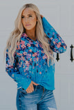 Blue Floral Print V Neck Long Sleeve Top